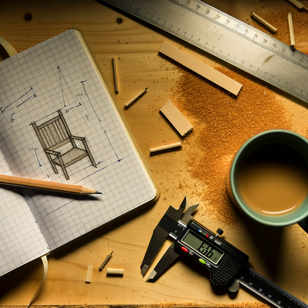 An empty woodworker's workbench with notebook, sketches, and hand tools at the start of a project