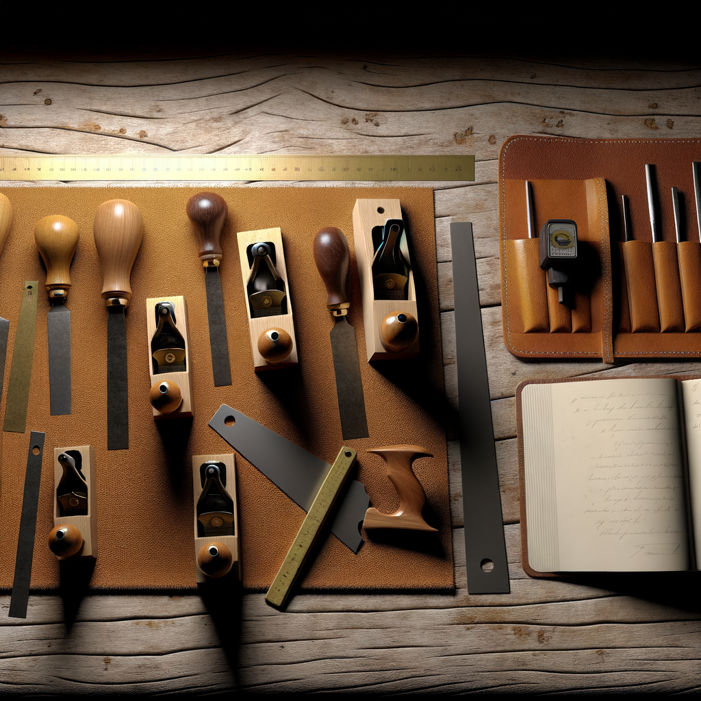 An organized collection of woodworking hand tools and notebook on a workbench